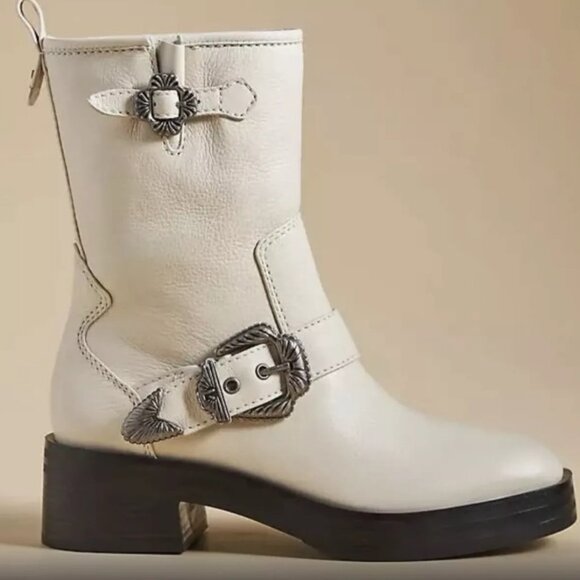 Larroude Lesther Hardy Boot Western Buckle Moto In Natural, Size 8 - Picture 1 of 13